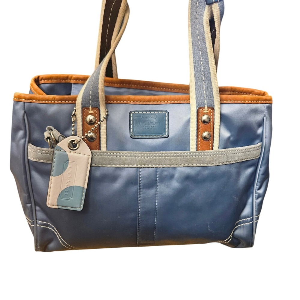 Coach Blue Nylon Leather Trimmed Satchel Handbag Designer Purse
